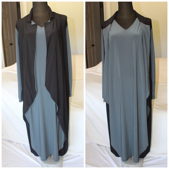 SUN KIM Color Block Draped Maxi Dress Size Large Grey & Black Pull over Made USA - Picture 1 of 10